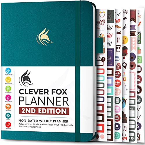 Clever Fox Planner 2. Auflage - Farbenfroher Planer für Wöchentliche und Monatliche Ziele, Zeitmanagement und Produktivität, Dankbarkeits-Tagebuch, Undatiert, A5, Reicht für 1 Jahr - Dunkelblaugrün
