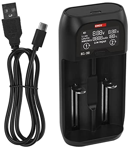 EMOS universales Batterie-Ladegerät für AAA, AA, C, SC Akkus/Smart-Ladegerät für Li-ion, LiFePO4, NiMH, NiCd Akkutypen + USB-Kabel 5V/2A N9221