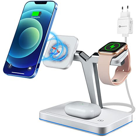 3 in 1 Kabelloses Magnet-Ladegerät Mag-Safe Ladestation für iPhone 12/13 Serie, iWatch 2-6/SE und Airpods Pro/2, mit 18W Adapter (Weiß)