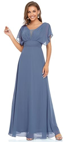 Ever-Pretty Robe de Bal Soirée Col en V  sans Manche Taille Empire A-Line Mousseline de Soie Femme Bleu Denim 42