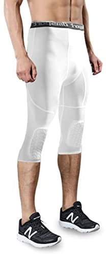 XKUN Men's Leggings Safety Anti-Collision Basketball Shorts Men Fitness Training 3/4 Leggings With Knee Pads-White,M
