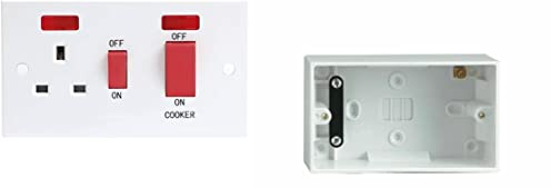 Mr. Gadget's Solutions Mr.Gadget Solutions 1 Gang 45 Amp Double Cooker Wall Switch Socket Unit with Two Red Neon Power Indicators With 47MM Back Box- White