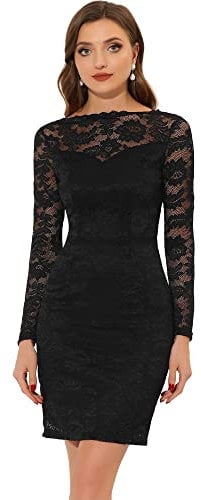 Allegra K Women's Elegant Floral Lace Boat Neck Wedding Party Cocktail Bodycon Pencil Dress Black L-16