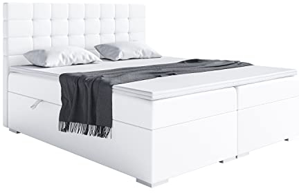MEBLINI Boxspringbett mit Bettkasten - Gepolstert Doppelbett mit Matratze und Topper - Polsterbett mit Stauraum - Bett mit Kopfteil - Stauraumbett - Claudia - 140x200 - H3/Weiß Kunstleder