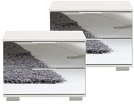 Lomadox Schlafzimmer 2er Set Nachttisch Nachtschrank für Boxspringbett in weiß mit Spiegelfront, B/H/T ca. 52/40/38 cm