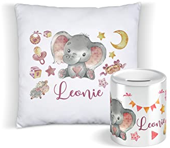 Baby Girl Elefant Set Kinderspardose und Kissen für Mädchen mit Namen personalisiert zur Einschulung Taufe Geburtstag Geburt Sparschwein Geldgeschenk