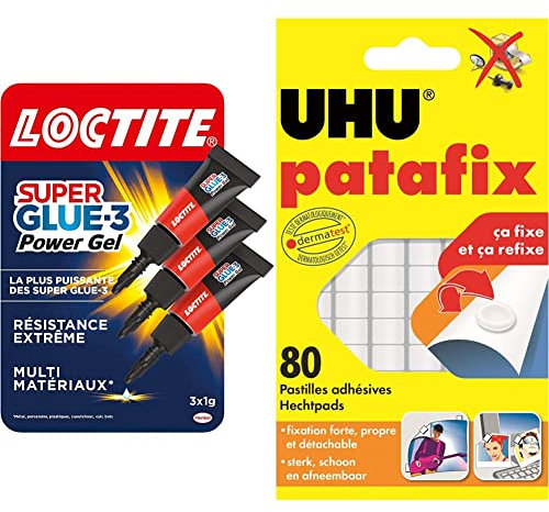 Loctite Super Glue-3 Power Gel Mini Dose, colle forte enrichie en caoutchouc, lot de 3 tubes 1 g & UHU Patafix blanche - pastilles adhésives prédécoupées, pâte à fixer, blanche, 80 pastilles