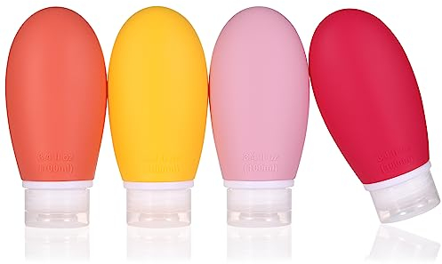 Silikon Reiseflaschen Set,4 Stück 100ml Auslaufsicher Squeeze Reise Container und Portable nachfüllbare Toilettenartikel Flaschenzubehörbehälter Leere Reisegröße für Shampoo Conditioner Lotion