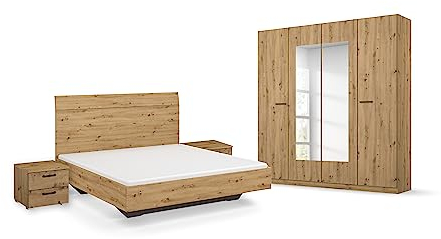 Rauch Möbel Florenz Schlafzimmer, Eiche Artisan, Holz, bestehend aus Bett mit Liegefläche 180x200 cm inklusive 2 Nachttische und Drehtürenschrank mit Spiegel BxHxT 181x210x54 cm