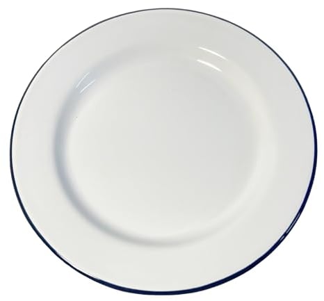 Thorness Plato redondo esmaltado blanco de 20 cm de diámetro con borde azul marino | Vajilla | Platos de horno de metal para asar al aire libre | Estilo clásico tradicional