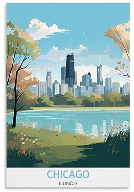 KmoNo Ilinois Chicago Vintage-Reiseposter, 50 x 75 cm, Poster, Dekoration, Gemälde, Leinwand, Wandkunst, Wohnzimmer, Schlafzimmer