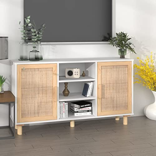 MNISDFL Schränke Anrichte Mehrzweckschrank Sideboard Weiß 105x30x60 cm Massivholz Kiefer und Natur-Rattan