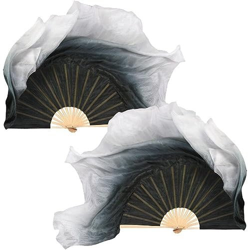 Silk Belly Dance Fan 1 Pair White Black Gradient Veil Belly Dancing Long Fan Handheld Fan for Folk Dance Show Props