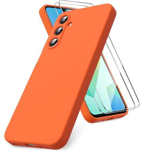 Vansdon Coque Compatible avec Samsung Galaxy A16 4G/5G, 2 Film de Protection en Verre trempé, Housse Souple en TPU en Silicone Liquide, Housse en Caoutchouc Antichoc - Orange