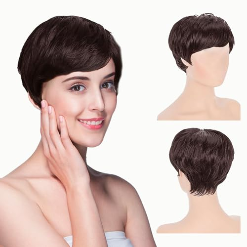 EUPSIIU Short Drak Brown Hair Wigs for Women, Cut Wigs for Women Natural Looking Wig With Bangs Hair Wig for Daily Party Cosplay Use (Brown)