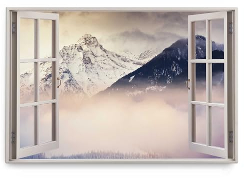 Paul Sinus Wandbild 120x80cm Fensterbild Berge Nebel Natur Tannenwald Schneegipfel