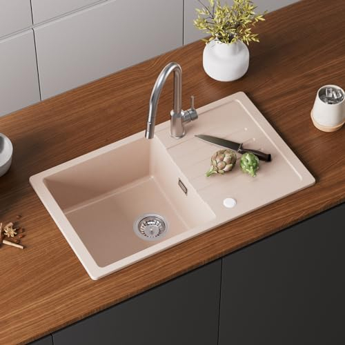 CECIPA Évier de cuisine, réversible, 78 x 45 cm, en granit, avec égouttoir, siphon et dessus, 80 % sable de quartz et sable, pour meuble bas de 60 cm, beige