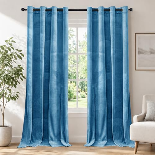 Ystyle Samt Vorhang Blickdicht 2er Set, H225 x B140 cm, Thermovorhang Hitzeschutz Kälteschutz, Modern Gardinen mit Ösen, Weiche Verdunklungsvorhänge, Gardinen Wohnzimmer Schlafzimmer, Blau