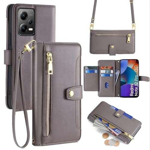 betterfon Handykette kompatibel mit Xiaomi Redmi Note 12 5G | Leder Handyhülle mit Kartenfächern | Handyhülle zum Umhängen | Grau