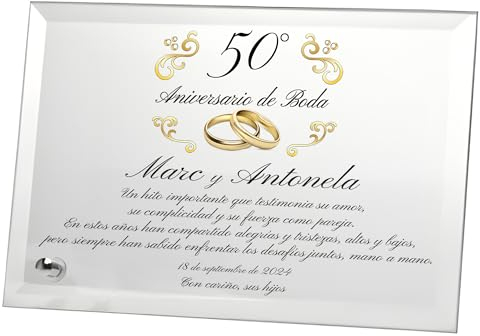 Placa de Aniversario de Matrimonio | Elegante Tarjeta de Cristal Personalizada | Regalo para Bodas de Oro, Bodas de Plata o de Diamante