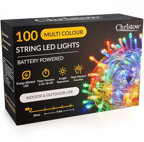 CHRISTOW Christmas Fairy Lights Battery Operated, Multi-Coloured LED String Lighting with Timer, Indoor & Outdoor, 8 Light Modes Flashing & Static Glow, Clear Cable (100 LED / 10m Lit Length)