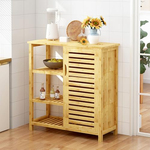 SogesPower Armoire de Rangement pour Salle de Bain avec Porte et étagères, Meuble de Rangement Autonome avec Porte à volet, Armoire en Bambou à 3 Niveaux pour Cuisine, Salon, Salle de Bain