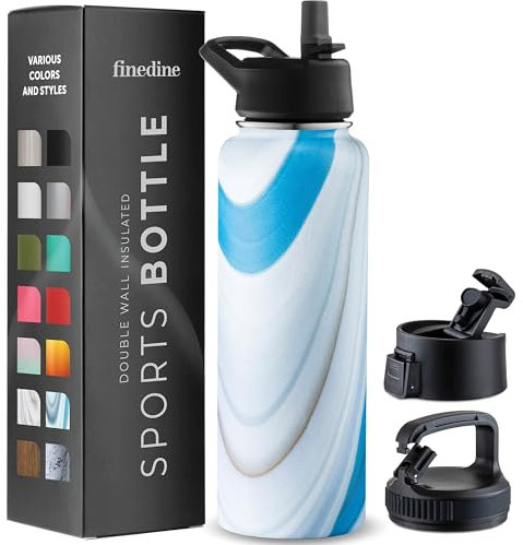 1180ml Triple Walled, Insulated Water Bottles with Straw - Stainless Steel Metal Bottle W/ 3 Leak Proof Lids - For Travel, School, Sports, Gym/Men, Women (Exquisite Blue Marble)
