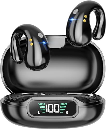 EUQQ Auriculares Inalámbricos Bluetooth 5.3 de Diseño Abierto, Caja de Carga Con Pantalla LED, 40 Horas de Reproducción, Conducción Ósea, Deportivos Impermeables IPX7