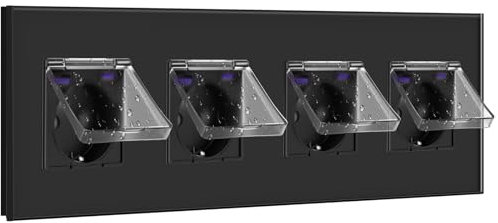 BSEED Enchufe Schuko 20W Cargador Rápido con Tapa Impermeable, Enchufe Empotrada con USB C, Enchufe 16Amp Ideal para Habitaciones Húmedas, Uso en Interiores, 4 Gang Negro