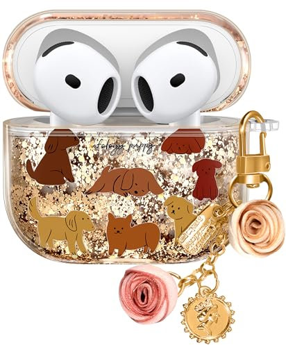 Kokaaee Funda para Apple para Airpods 4 2024 – Arena movediza animal líquido Kawaii linda funda mujer niña mujer brillante brillante brillante diseño perro marrón llavero femenino para Airpod 4 funda