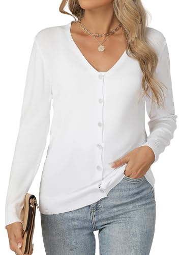 Famrrifuu Gilet Femme Cardigan avec Bouton Col en V Été Printemps Manches Longues Veste Tricot Léger Casual Gilets, Blanc, XL