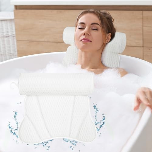 Alaoo Almohada de Baño, 2PCS 4D Almohada de Baño de Lujo y Juego de Bolas de Baño, Almohada Ergonómica de Malla para Bañera de Hidromasaje, Antideslizante para Cabeza, Cuello y Espalda, B