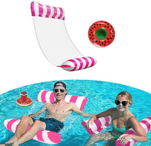 TAIHOBO Hamaca de Agua, 4 en 1 Hamaca Flotante Piscina, 1 Piezas Hamaca Agua Fácil de Llevar, Hamaca Hinchable Piscina con 1 Posavasos Inflables, Colchoneta Red Piscina para Adultos y Niños