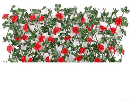 Treillis extensible en bois avec fleurs artificielles et feuilles pour décoration de jardin, clôture rétractable (rouge)
