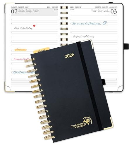 POPRUN Kalender 2026 Tagesplaner 21,5 x 14,5 cm, Tageskalender A5 1 Tag 1 Seite (Montag - Sonntag), Terminplaner (Jan.2026-Dez.2026) Ringbuch mit Hardcover, Plastiklineal - Schwarz