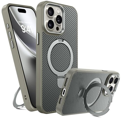 GUAGUA Magnetisch Handyhülle für iPhone 15 Pro Hülle [Kompatibel mit MagSafe] mit Ring Ständer Stoßfest Schutzhülle Carbon Fiber Muster Case für iPhone 15 Pro (6,1'') Titan Natur