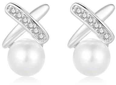 Glintara Perlen Ohrstecker für Damen, Kreuz Ohrringe Silber 925 Stecker, 925 Sterling Silber Kreuz Perle Ohrstecker, Perlenohrringe Stecker mit Zirkonia, Hypoallergen Schlafen Knorpel Ohrschmuck Klein