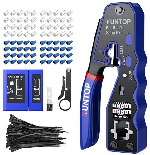 XUNTOP Pinza Crimpatrice RJ45 Kit Crimpatore RJ45 Pass-Through con 50 Connettori Cat6 Dorati, Tester Cavi, Pinza Crimpare Compatta Multifunzione, Guida Colori T-568A/B, EVA Borsa per Cat5, Cat6 e Cat7