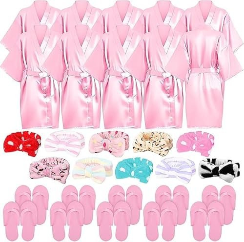 SWHCM Lot de 30 Fille Robe Peignoir Kimono Robe de Bain en Satin pour Enfant – 10 peignoirs kimono col en V 10 bandeaux doux spa 10 Tongs (Taille FR 110, Rose)