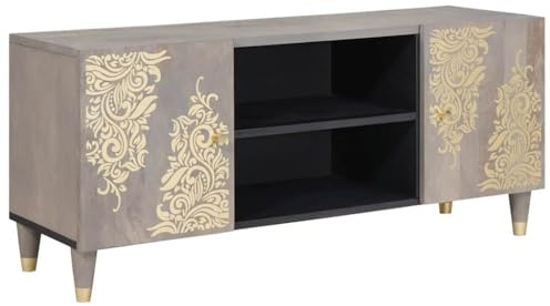 vidaXL TV Cabinet with Shelf Grey 105 x 33 x 46 cm Solid Mango Wood, Living Room Storage, Modern Tv Stand, Wall-Mounted Cabinet, Elegant Design, Space Saver, Engineered Wood Furniture