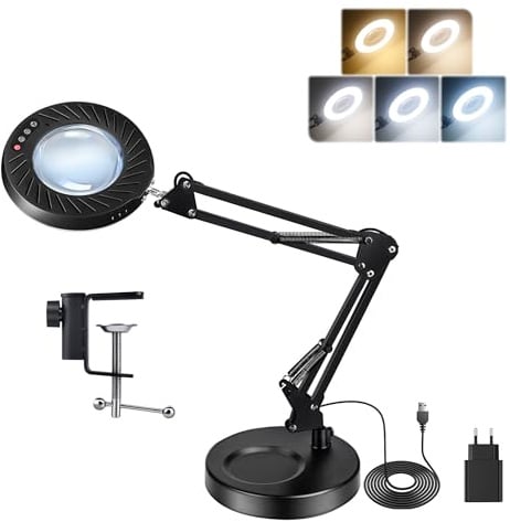 Akynite 12x Tisch Lupenlampe mit Licht und Klemmen, Tischklemme Lupenlampe | 2A Adapter enthalten, 5 Farben 9 Helligkeite, LED Lupenleuchte für Modellbau Hobby