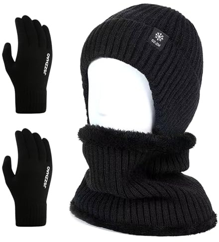 FOSDICK Packs Bonnet, Écharpe et Gants Femme Homme, Bonnet Hiver Echarpe Gants Tactiles, Bonnets Tour de Cou Chaud Gant Tactile avec Polaire, Tricotés Ensemble Cache Cou Chapeaux d'Hiver, Noir