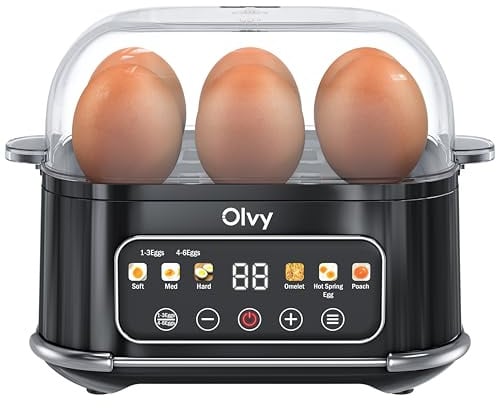 Olvy cuociuova elettrico 6-in-1 con timer LCD - bollitore e vaporiera per 6 uova - cuoci uova perfette - spegnimento automatico - parti lavabili in lavastoviglie - con misurino