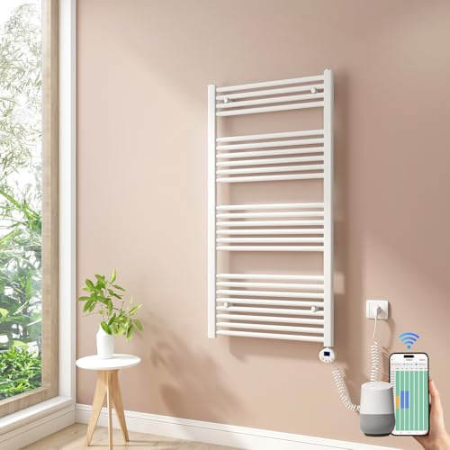 Heilmetz Toallero Eléctrico 1200x600 mm, Termostato Inteligente WiFi para Baño, Control por App Tuya y Asistentes de Voz, Secatoallas Blanco 600W