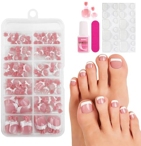 False Toe Nails Set with Glue – Short Square Acrylic Stick On Toenails Kit with Adhesive Tabs & Tools – Full Cover Press On Fake Toenails for Women, DIY Pedicure ((120 pink pieces))