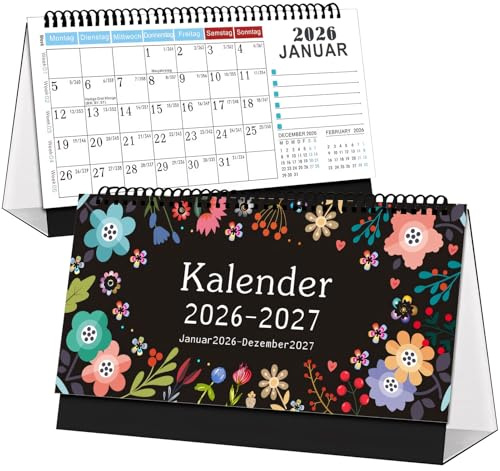 Tischkalender 2026 & 2027 Quer, 2 Jahre 24 Seiten, Stehkalender 25x15cm, Schreibtischkalender mit Wochenplaner, Kalender 2026 Tischkalender Quer, Tischquerkalender Klappkalender Bürokalender (Schwarz)