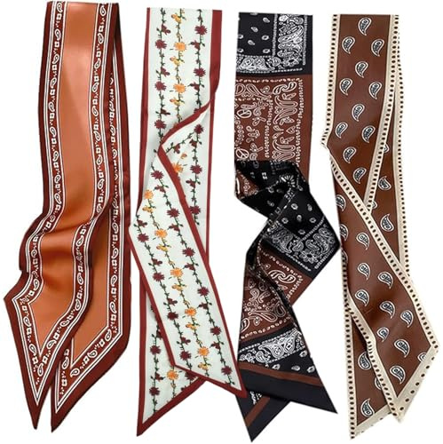 IHLOOTD Schmales Halstuch Damen 4 Stück Haartuch Damen Zum Binden Schmal, Handbag Scarf, Schmales Haartuch für Haarschmuck, Hals, Handtasche Accessoires