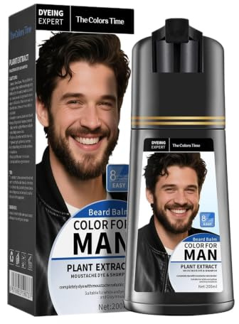 Tinte de Barba 200 ml de Colorante Temporal Instantáneo en Negro para Vello | Champú tinte para barba masculina para abuelo y marido en vacaciones, viajes y escapadas al aire libre