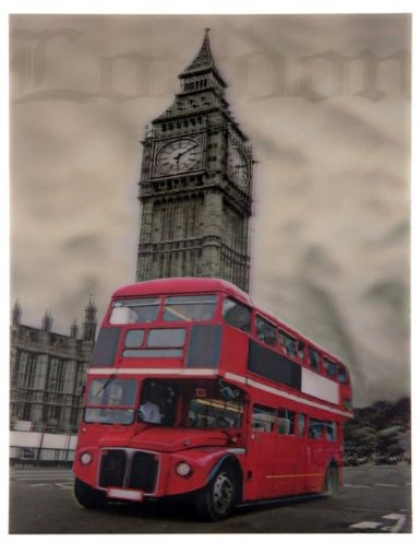 3D Wandbild London, verschiedene Sehenswürdigkeiten / Motive zur Auswahl, 3D Effekt = das Motiv bewegt sich mit dem Blickwinkel, 24 x 34,5 cm, auf Holzplatte mit Aufhängung, Modell:Big Ben und Bus