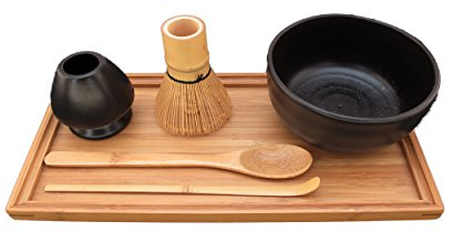 BambooMN Brand - Matcha Bowl Set (Includes Bowl, Rest,Tea Whisk, Chasaku, Tea Spoon & Tray) 1 Set Black